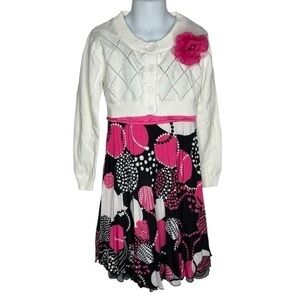My Michelle Dress and Cardigan Girls Size 7 Black Pink White Geometric Print